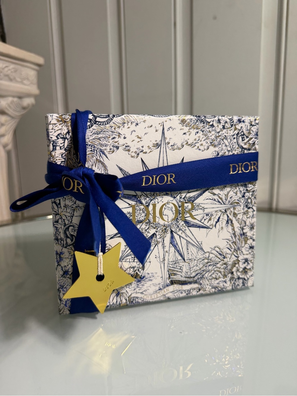 Dior Blue Ribbon White Toile Gift Box with Gold Star